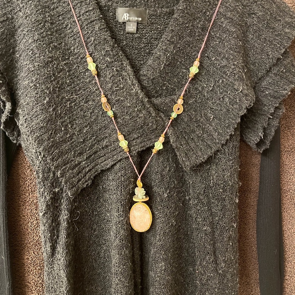 Renee Rayne Carved Rose Quartz Medallion with Jade Bead Necklace